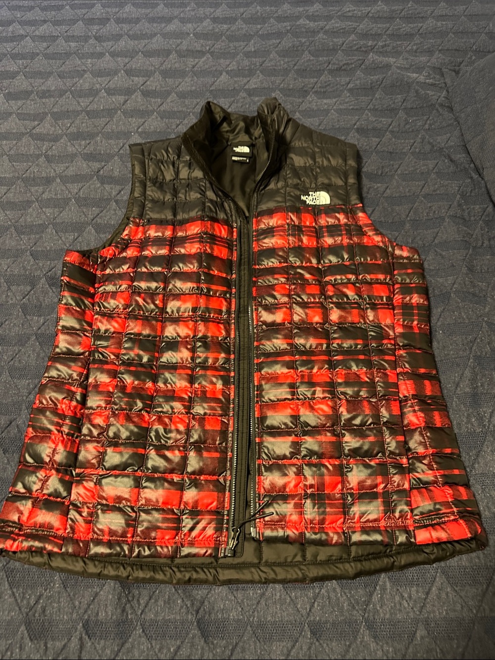 The North Face Red and Black Quilted Plaid Insulated Vest